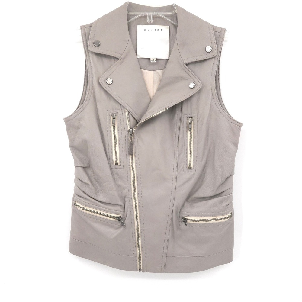 Walter Leather Moto Vest Women 4 Grey Lambskin Biker Sleeveless Jacket Ruched